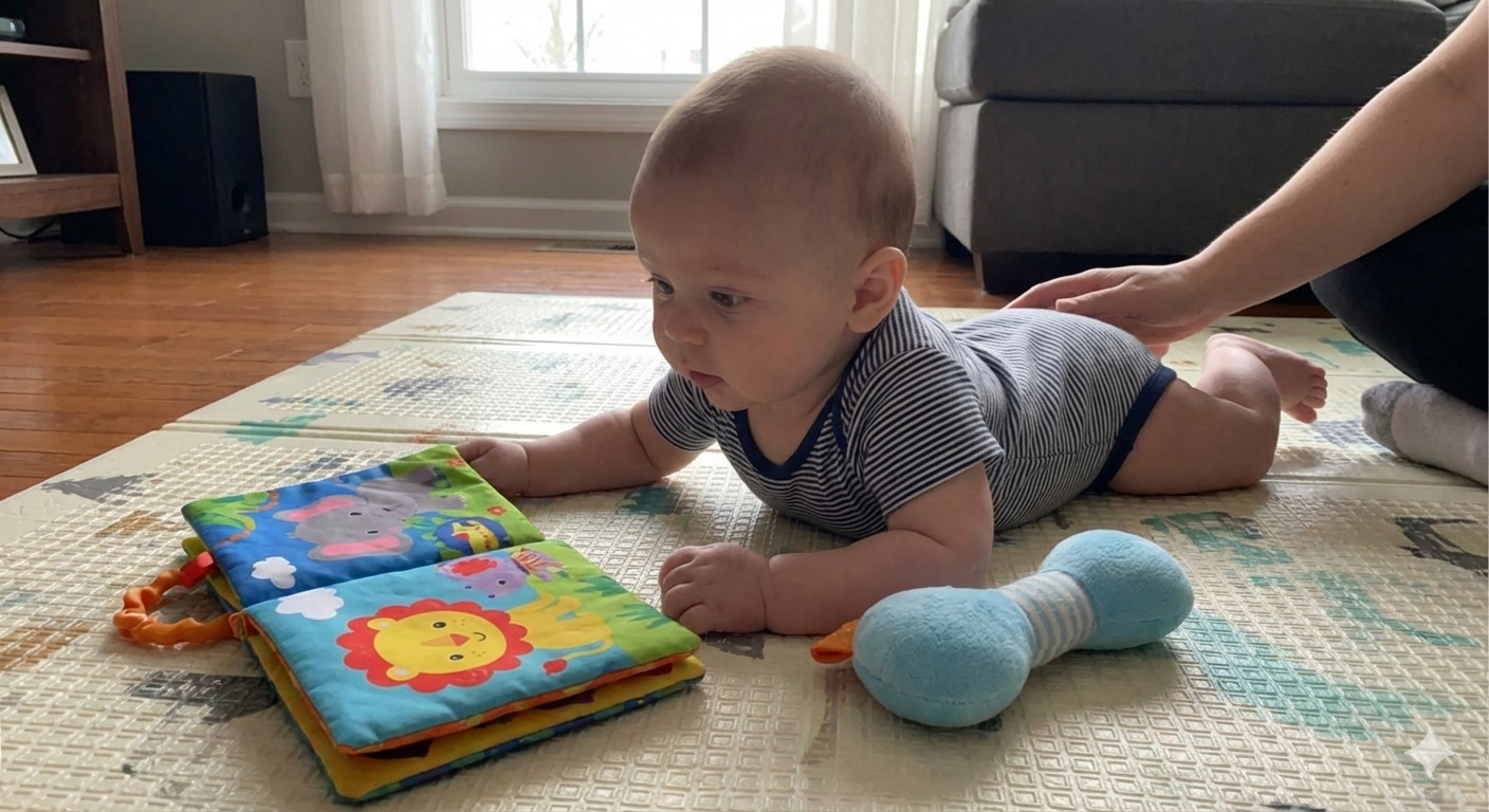 A baby lying on their front on a play mat, propped on their forearms and looking at a soft cloth book, with a caregiver's hand resting on their back